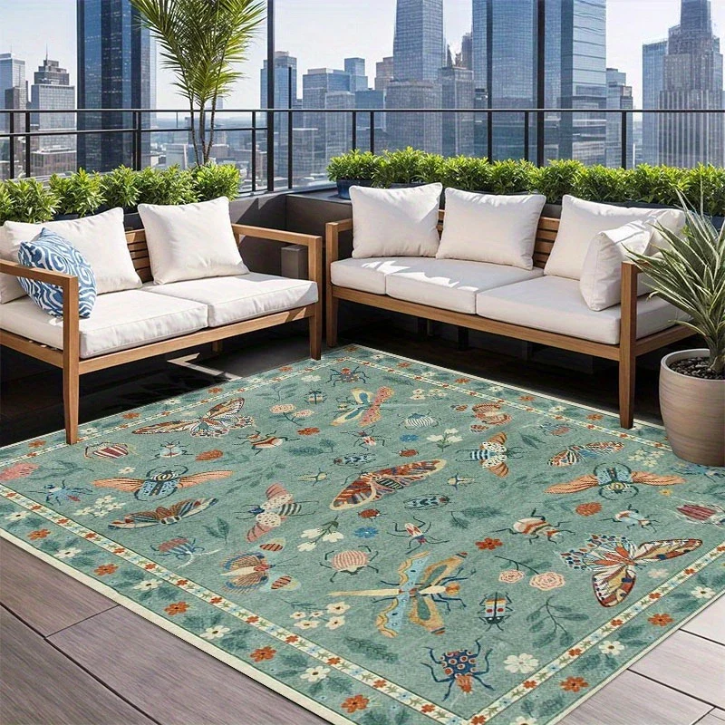 Insect Print Area Rug Teal Washable Non Slip Living Room - Image 6