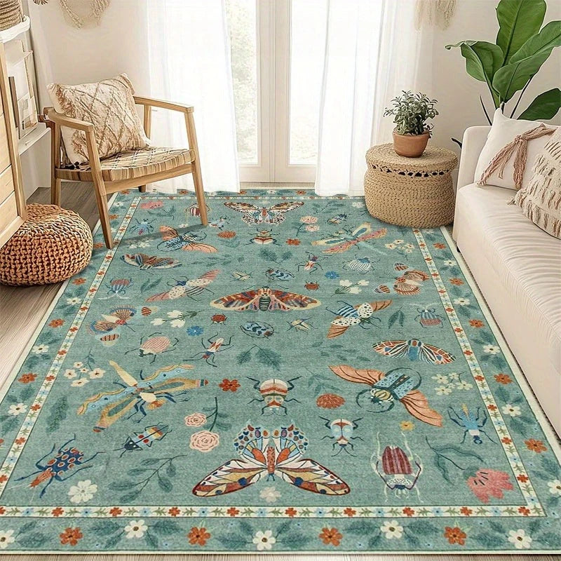 Insect Print Area Rug Teal Washable Non Slip Living Room - Image 8