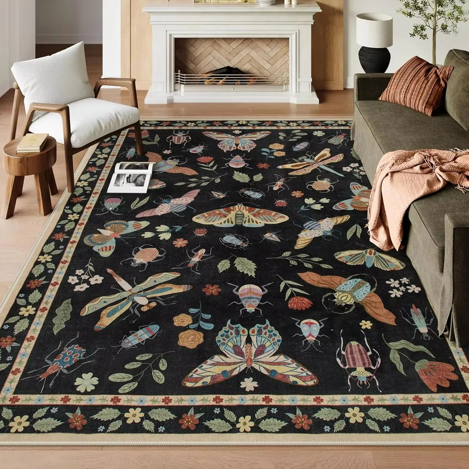 Insect Print Area Rug Teal Washable Non Slip Living Room - Image 9