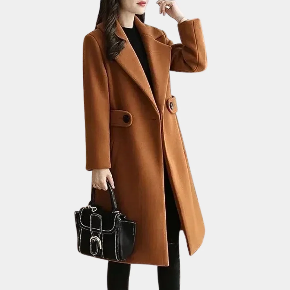 Insulating Classic Womens Long Coat - Notch Lapel, Wool - Image 3