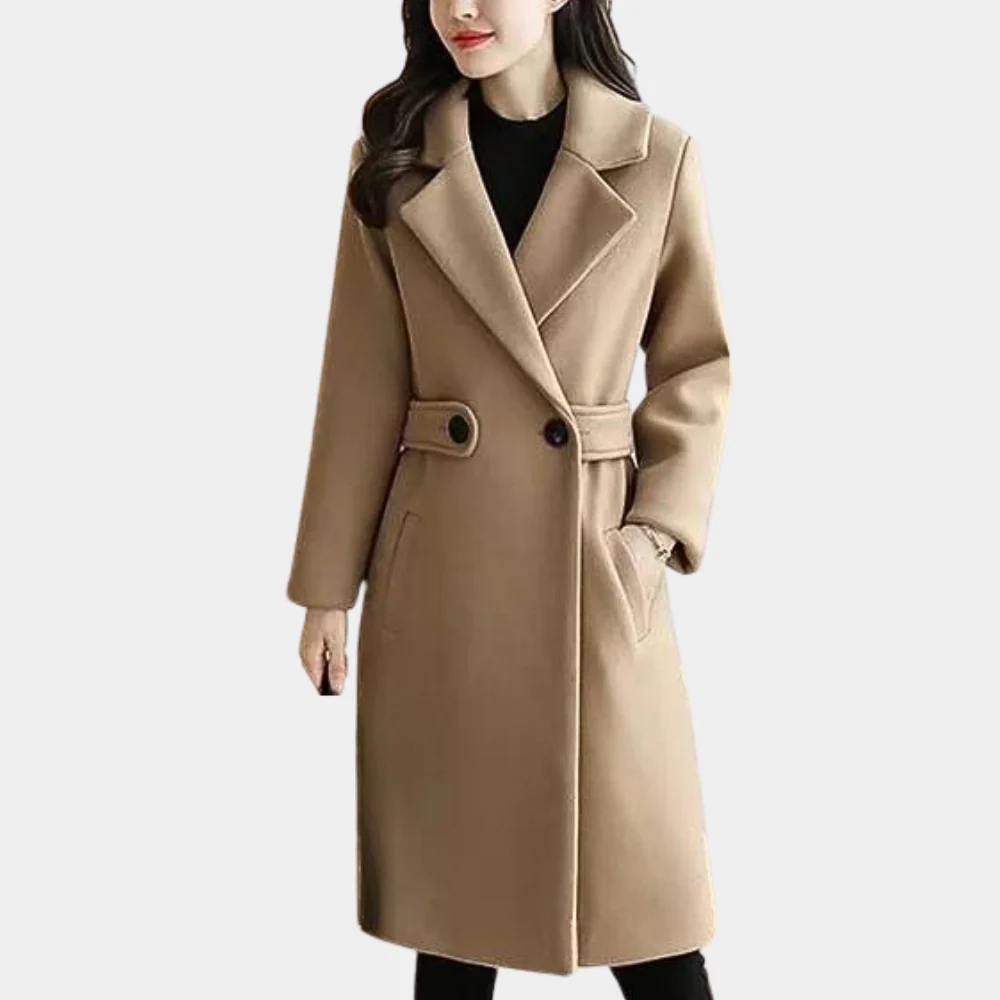 Insulating Classic Womens Long Coat - Notch Lapel, Wool - Image 4