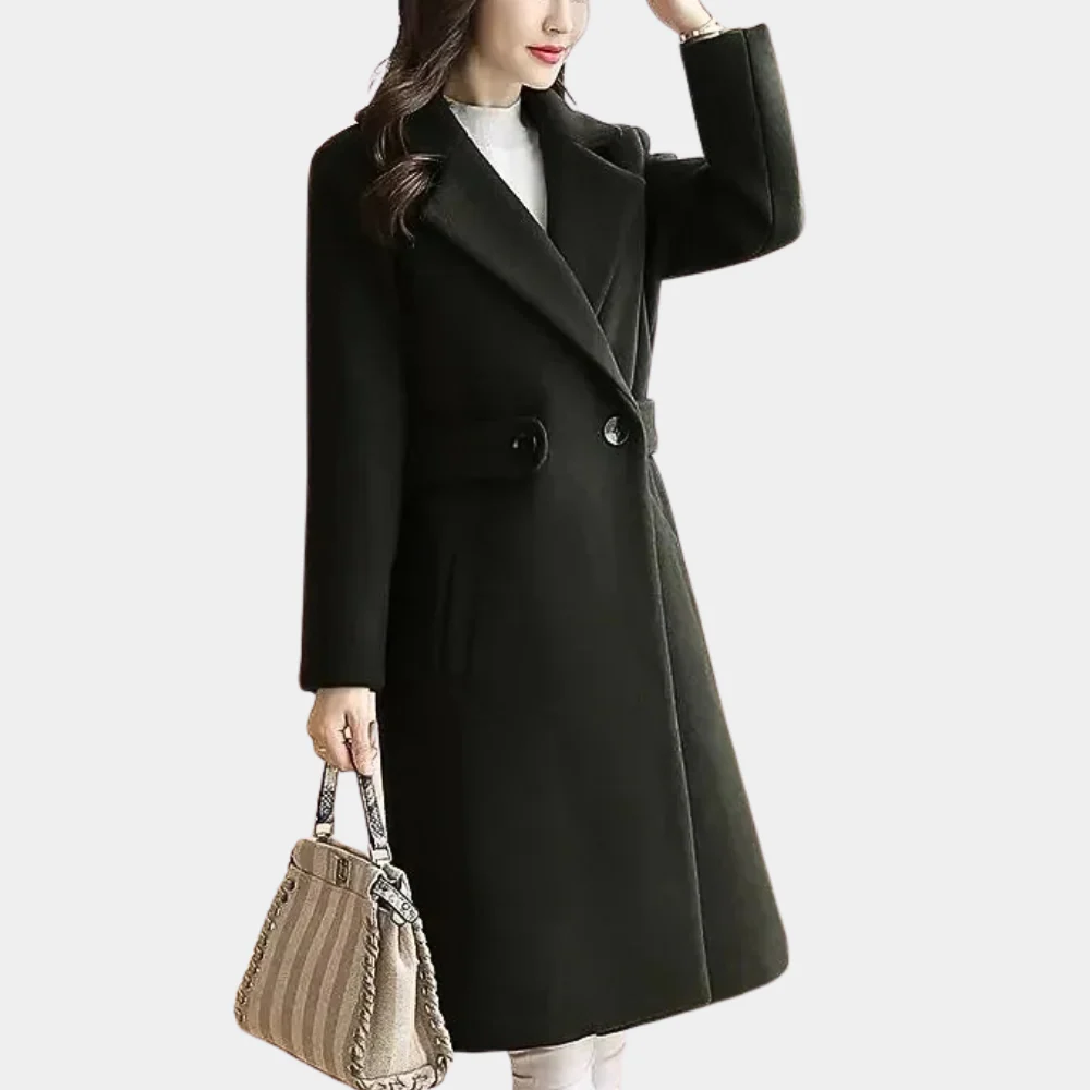 Insulating Classic Womens Long Coat - Notch Lapel, Wool - Image 5