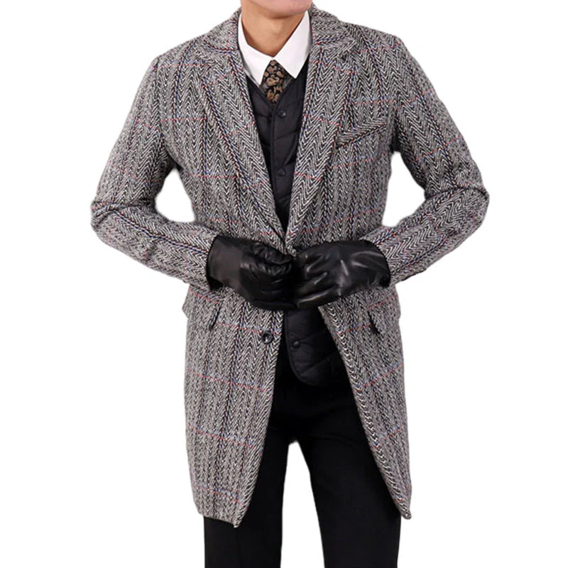 Insulating Men's Overcoat - Tailored Herringbone, Wool, Work - Image 3