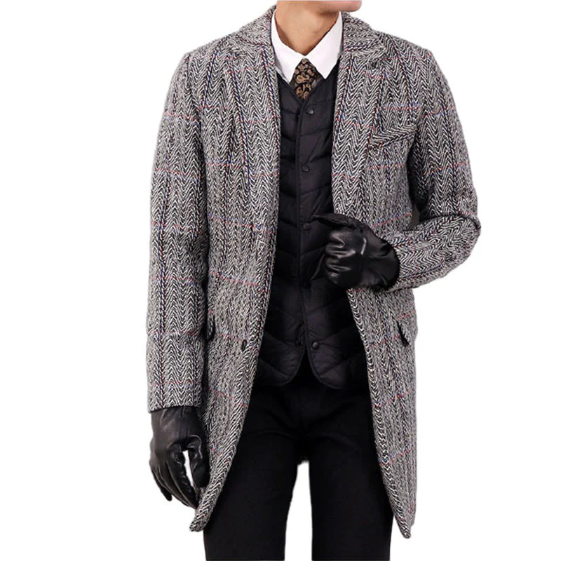 Insulating Men's Overcoat - Tailored Herringbone, Wool, Work - Image 4