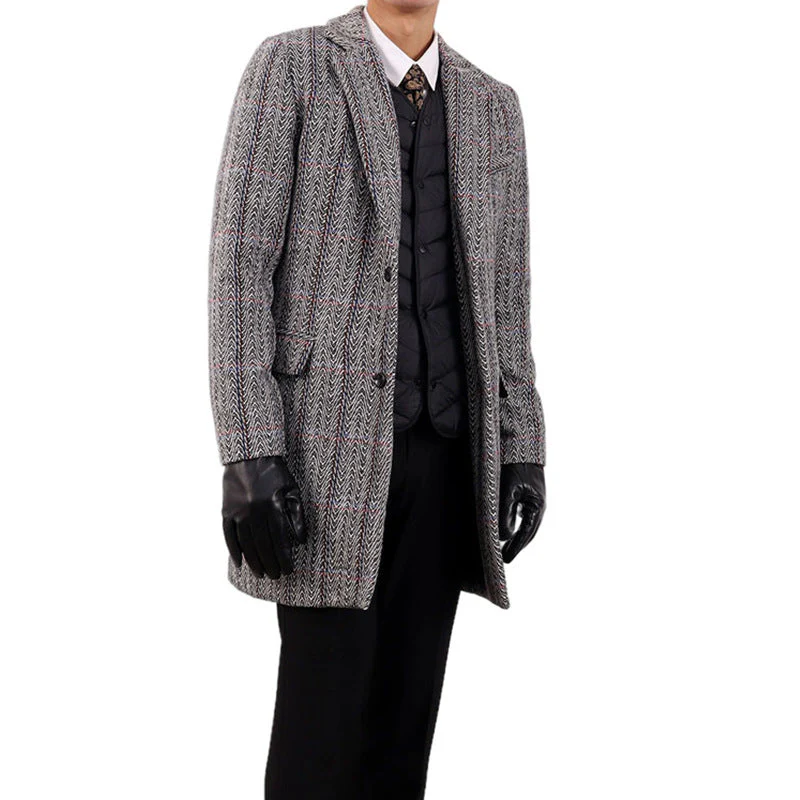Insulating Men's Overcoat - Tailored Herringbone, Wool, Work - Image 5