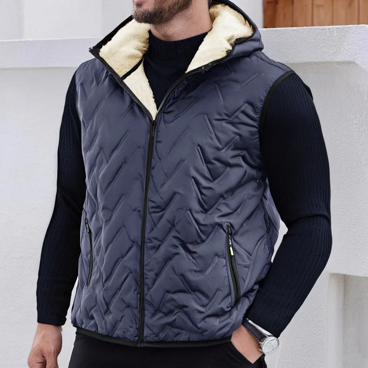Insulating Mens Down Vest - Quilted, Shearling Travel - Image 5