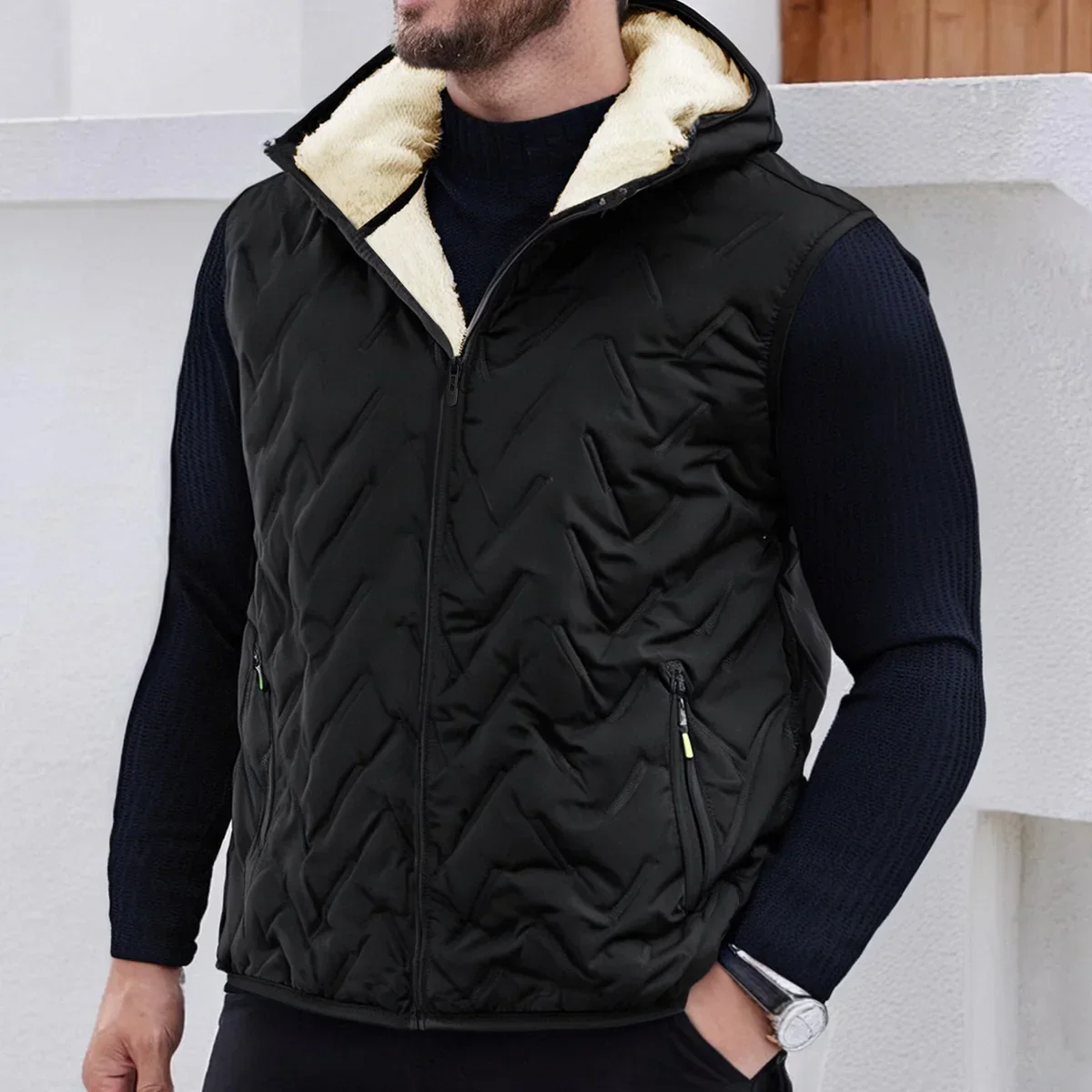 Insulating Mens Down Vest - Quilted, Shearling Travel - Image 6