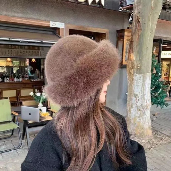 Insulating Women's Faux Fur Winter Hat - Rolled Brim, Plush - Image 2