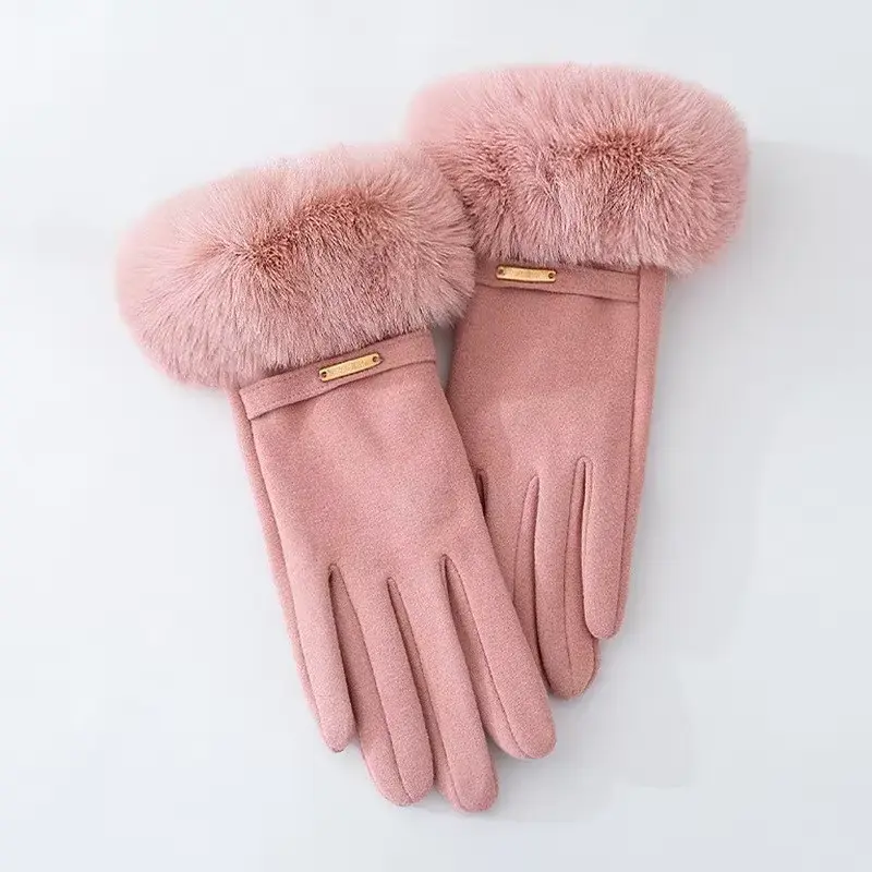 Insulating Women's Gloves - Fur Cuff, Suede, For Commuting - Image 10