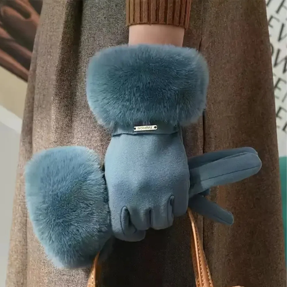 Insulating Women's Gloves - Fur Cuff, Suede, For Commuting - Image 4