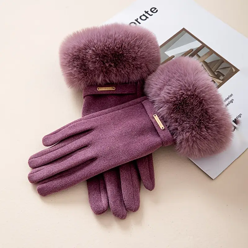 Insulating Women's Gloves - Fur Cuff, Suede, For Commuting - Image 5