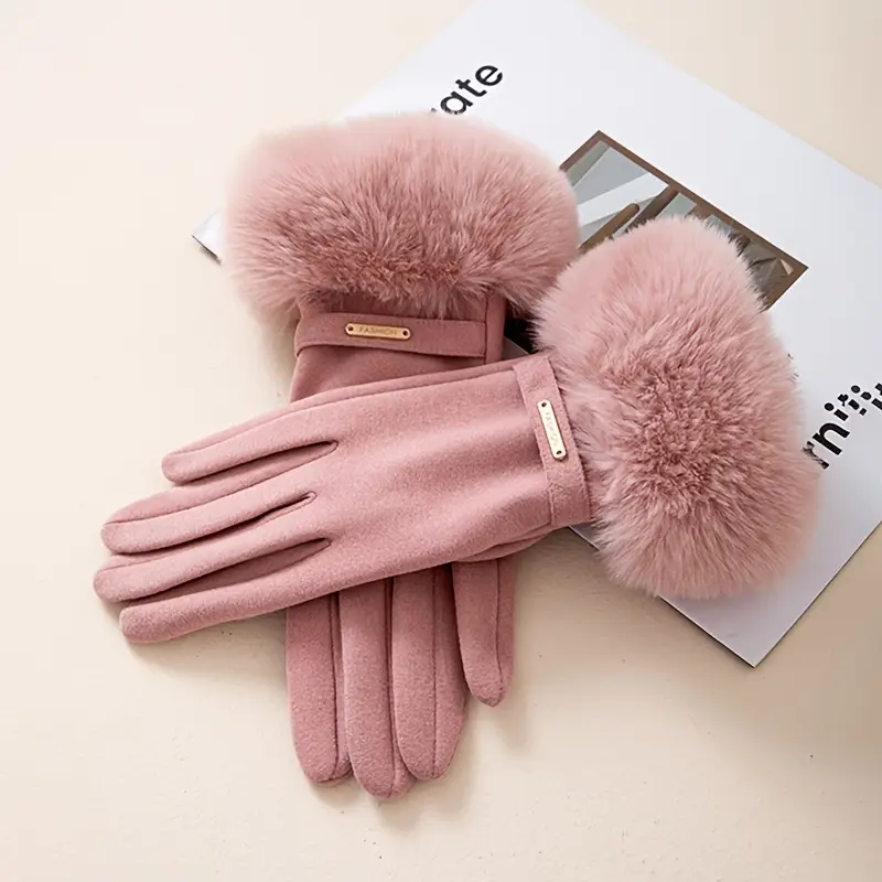Insulating Women's Gloves - Fur Cuff, Suede, For Commuting - Image 6