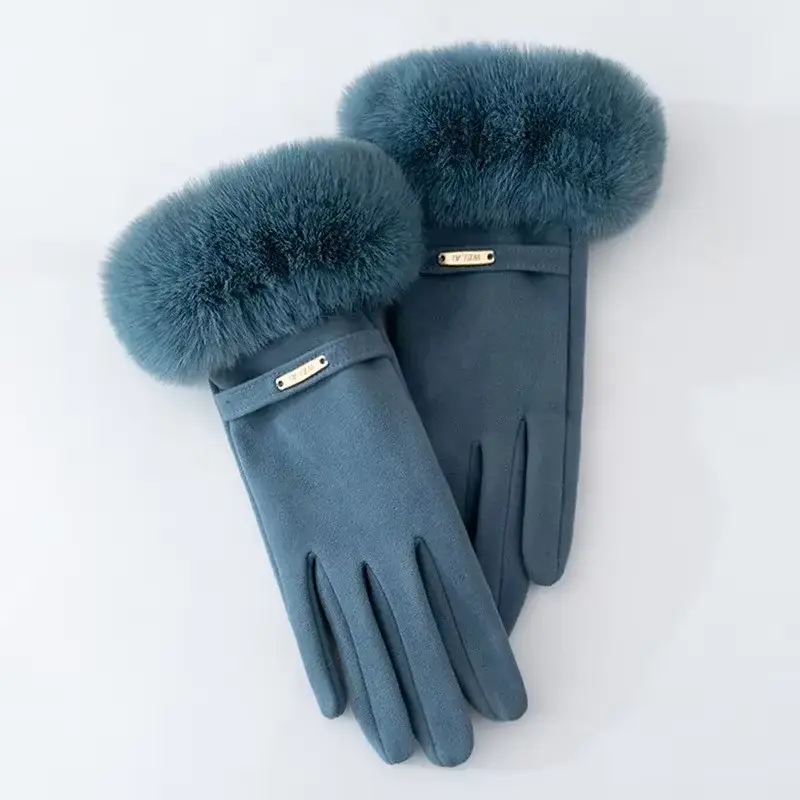 Insulating Women's Gloves - Fur Cuff, Suede, For Commuting - Image 8