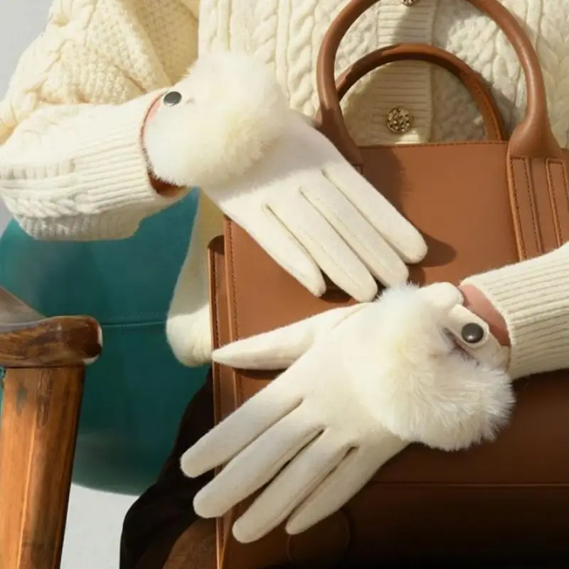 Insulating Women’s Winter Gloves – Faux Fur Trim, Cashmere - Image 3