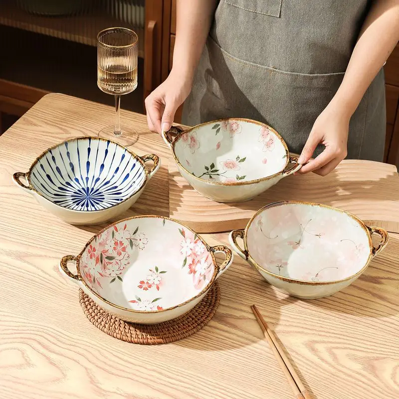 Ceramic 7.5 Inch Noodle Bowl With Handles Floral Porcelain