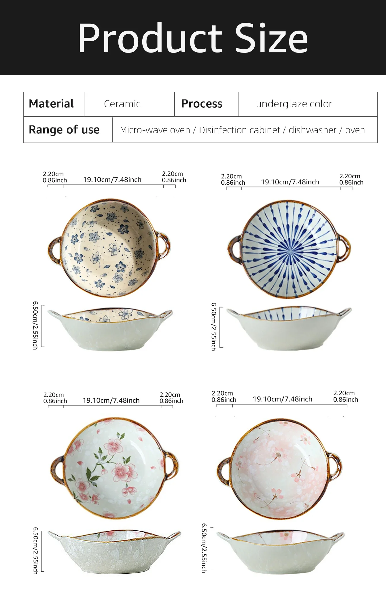 Ceramic 7.5 Inch Noodle Bowl With Handles Floral Porcelain - Image 10