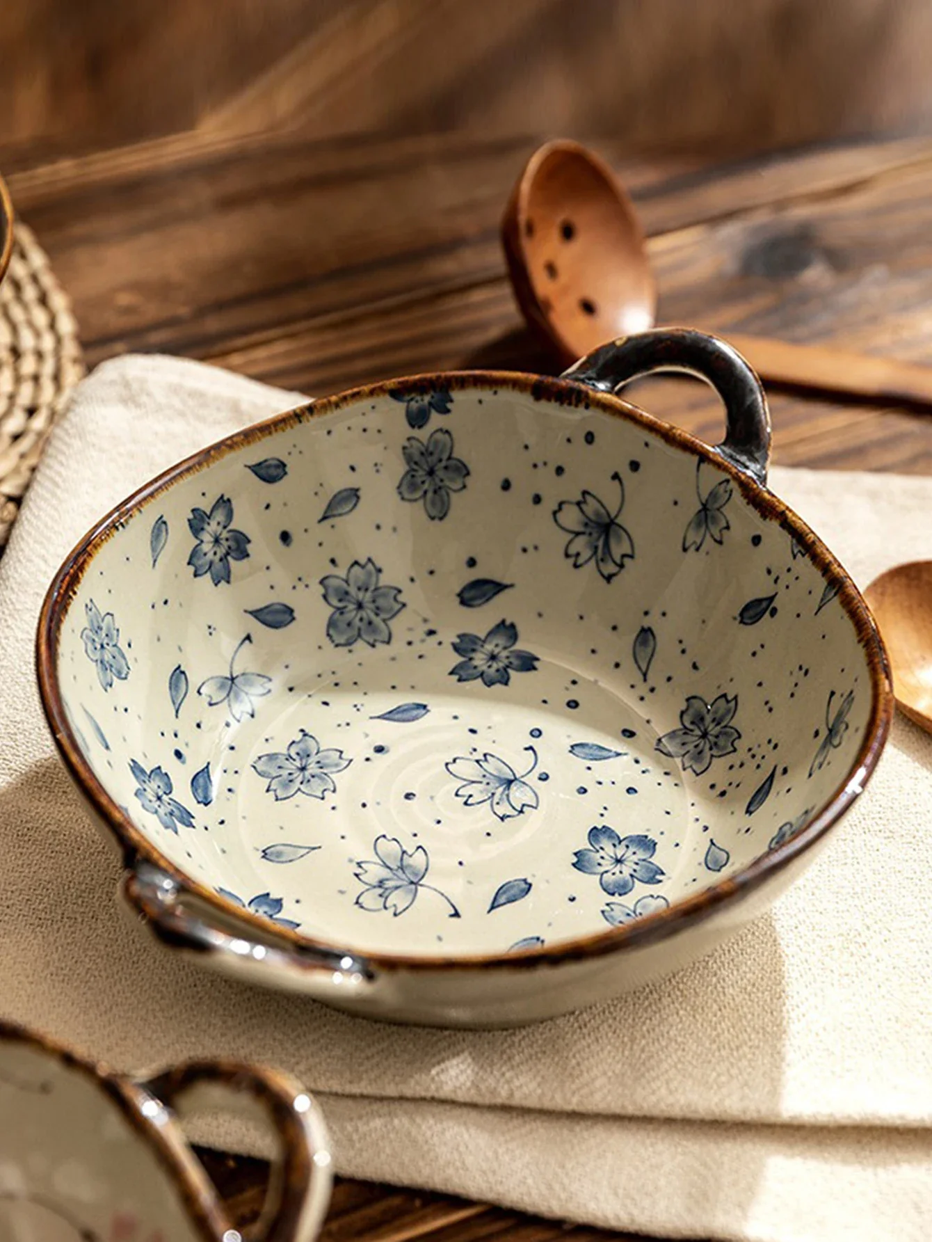 Ceramic 7.5 Inch Noodle Bowl With Handles Floral Porcelain - Image 12