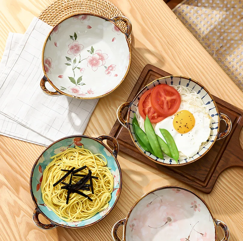 Ceramic 7.5 Inch Noodle Bowl With Handles Floral Porcelain - Image 2