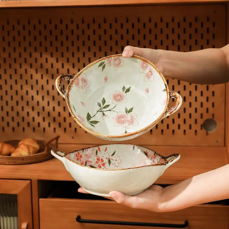 Ceramic 7.5 Inch Noodle Bowl With Handles Floral Porcelain - Image 3