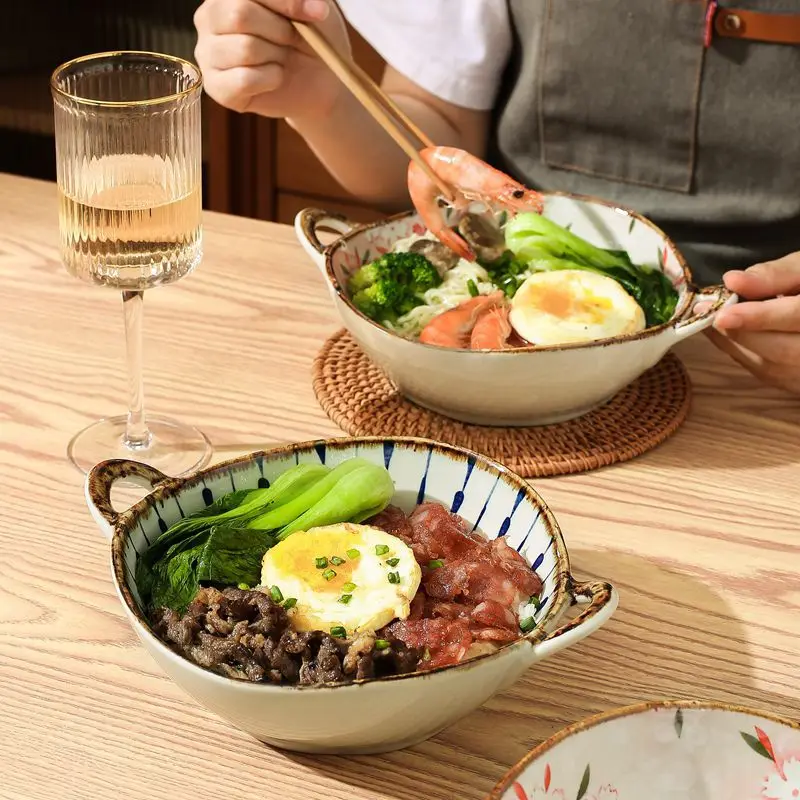 Ceramic 7.5 Inch Noodle Bowl With Handles Floral Porcelain - Image 4