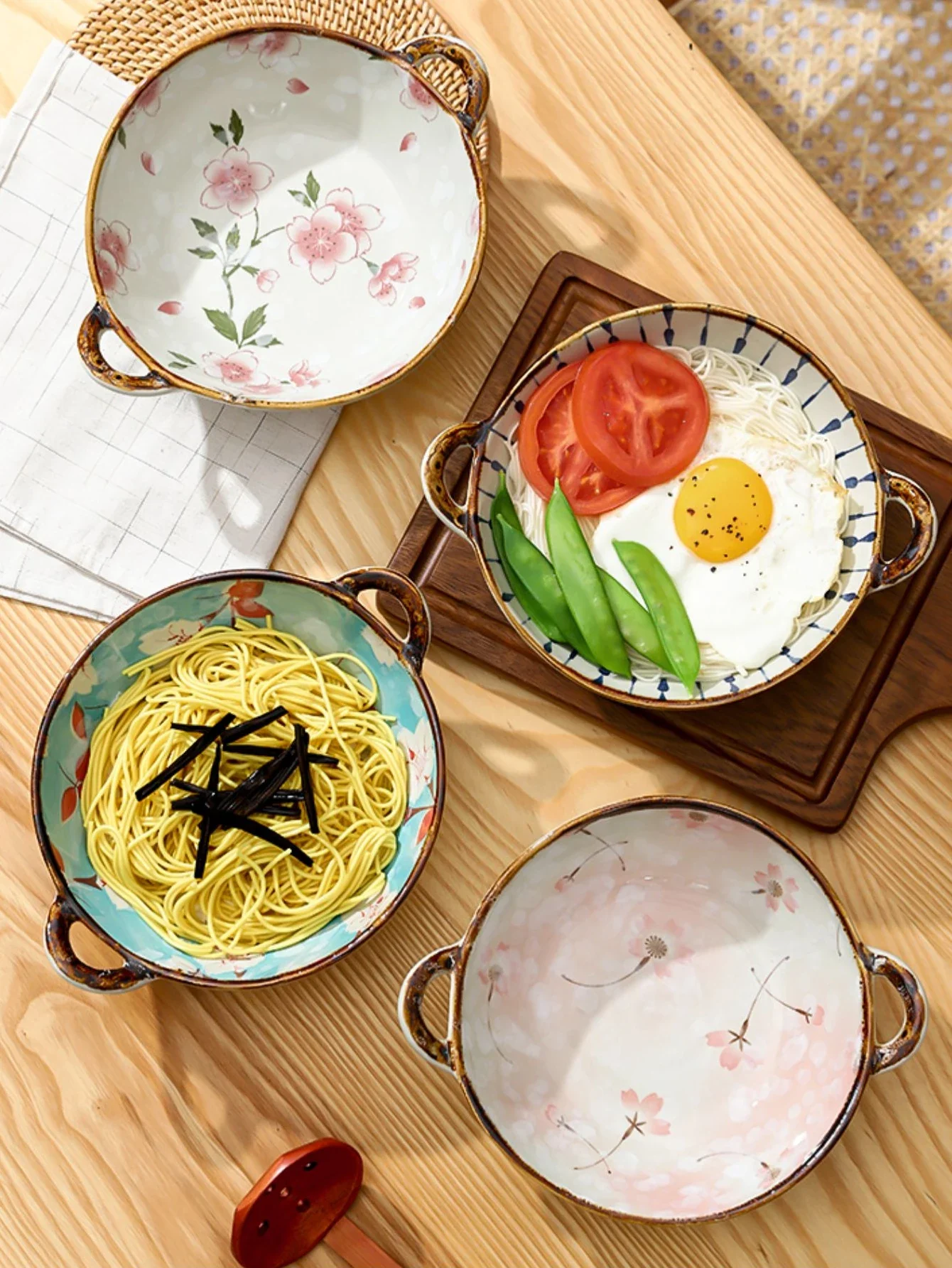 Ceramic 7.5 Inch Noodle Bowl With Handles Floral Porcelain - Image 7