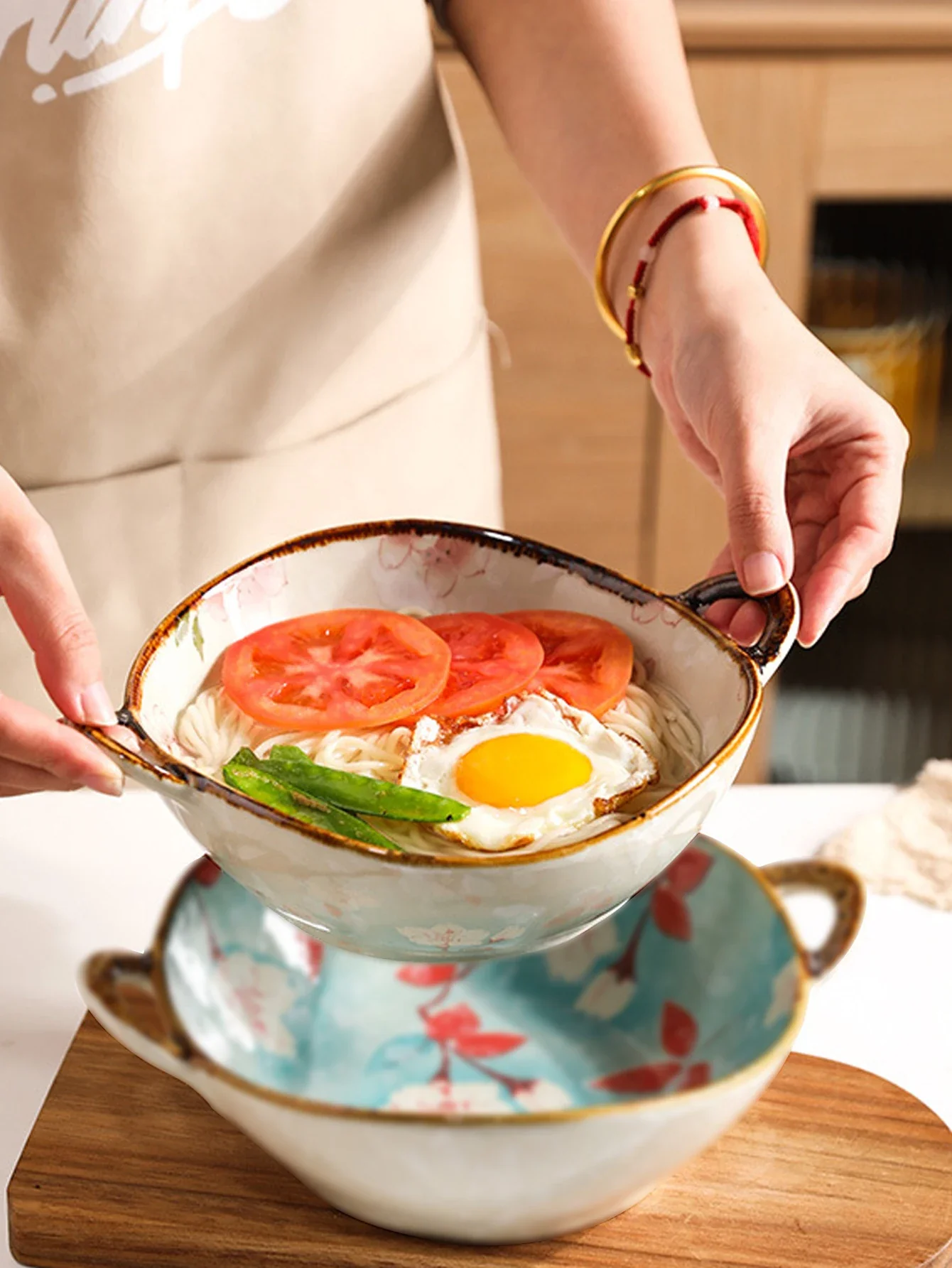 Ceramic 7.5 Inch Noodle Bowl With Handles Floral Porcelain - Image 8