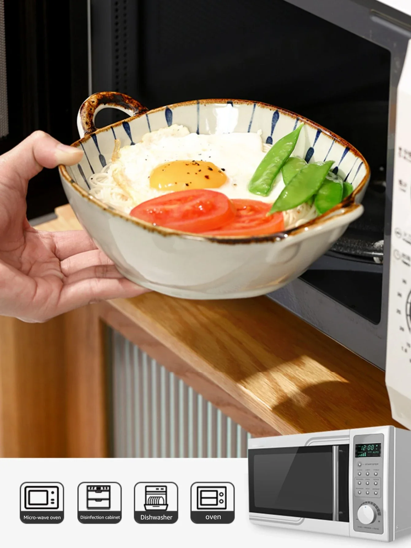 Ceramic 7.5 Inch Noodle Bowl With Handles Floral Porcelain - Image 9