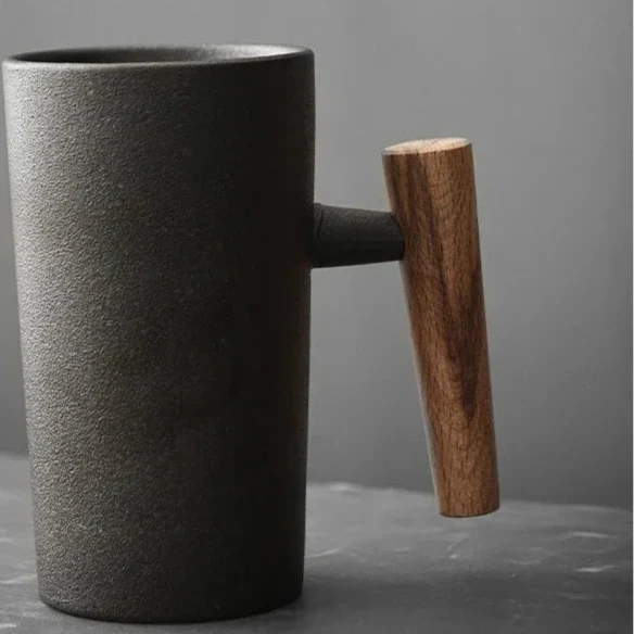 Japanese Style Stoneware Coffee Cup - Handmade Mug with Wooden Handle for Couples - Image 7