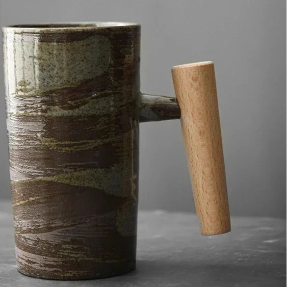 Japanese Style Stoneware Coffee Cup - Handmade Mug with Wooden Handle for Couples - Image 8