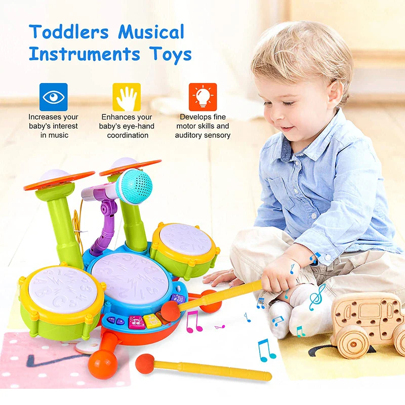 Kids Drum Set for Toddlers 1-3 with Microphone, Musical Educational Instrument Toys for Girls, Learning Activity Gifts - Image 3