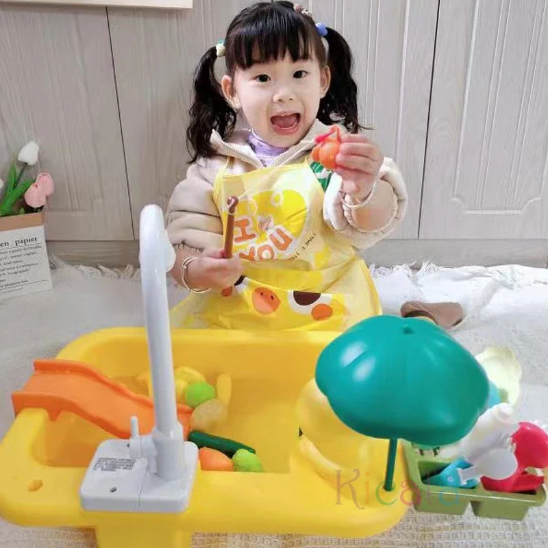 Kids Electric Kitchen Sink Toy with Running Water, Play Utensils, and Food Items for Pretend Cooking Fun - Image 2