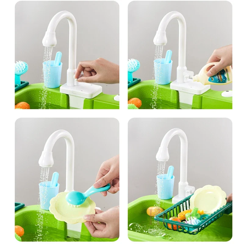 Kids Electric Kitchen Sink Toy with Running Water, Play Utensils, and Food Items for Pretend Cooking Fun - Image 4