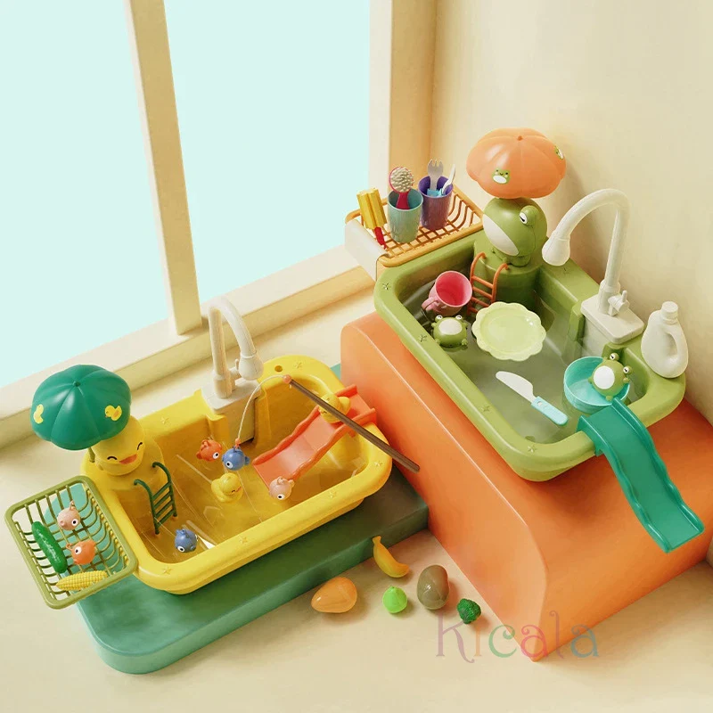 Kids Electric Kitchen Sink Toy with Running Water, Play Utensils, and Food Items for Pretend Cooking Fun - Image 5