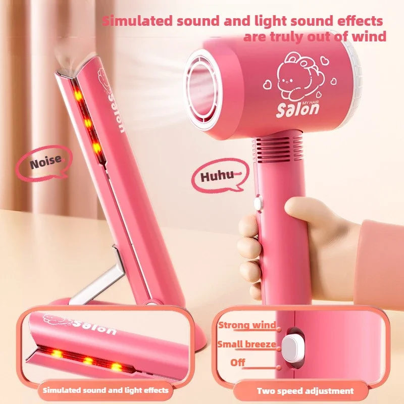 Kids Hair Salon Set Pink Pretend Play Styling Kit With Hair Dryer And Accessories Fall 2025 Gift - Image 3