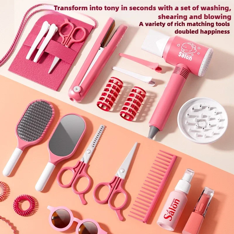 Kids Hair Salon Set Pink Pretend Play Styling Kit With Hair Dryer And Accessories Fall 2025 Gift - Image 4