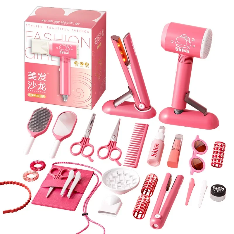 Kids Hair Salon Set Pink Pretend Play Styling Kit With Hair Dryer And Accessories Fall 2025 Gift - Image 6