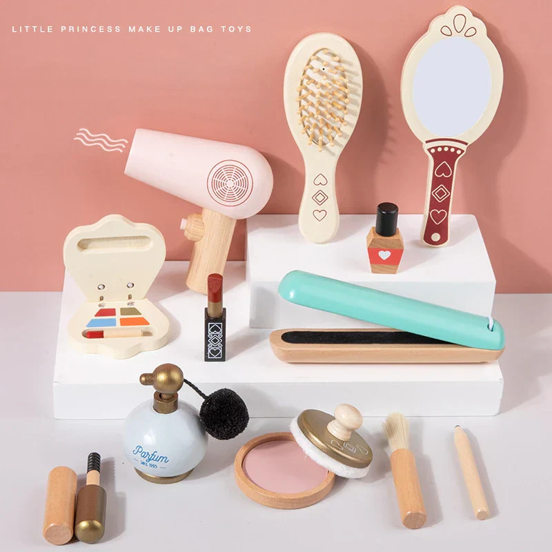 Kids Makeup Set Wooden Pretend Play Cosmetic Toy With Carry Bag Eco Friendly Hairdressing Kit Holiday Gift 2025 - Image 10