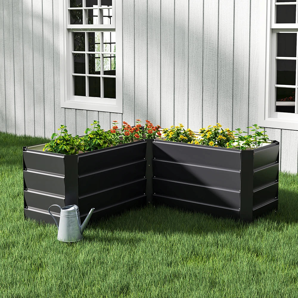 L-Shaped Charcoal Black Metal Raised Garden Bed for Outdoor Use, Durable Galvanized Steel with Maximized Planting Space
