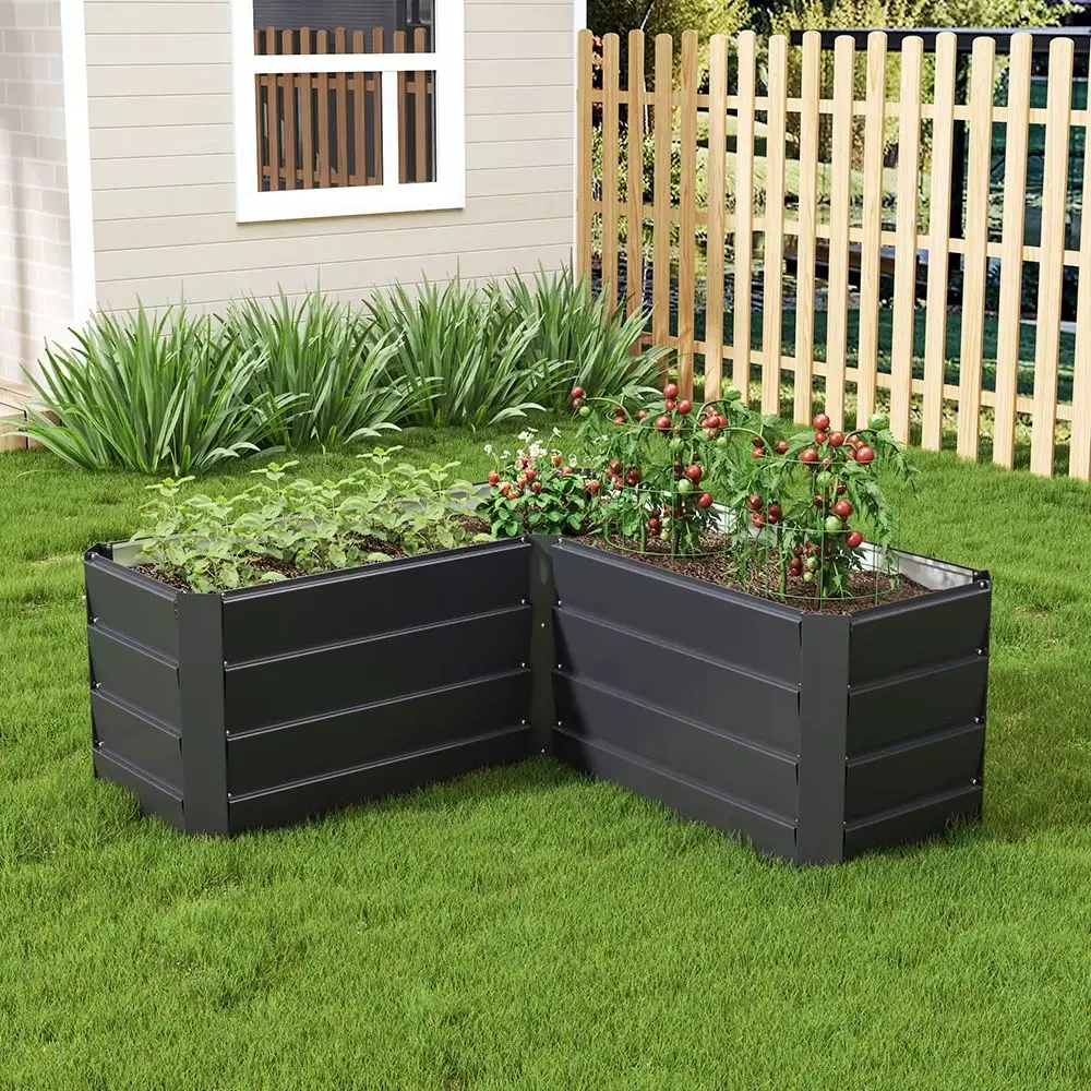 L-Shaped Charcoal Black Metal Raised Garden Bed for Outdoor Use, Durable Galvanized Steel with Maximized Planting Space - Image 2