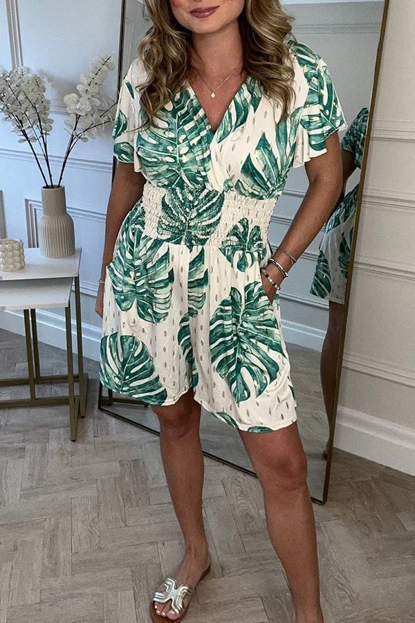 Leafy Print Women's Romper with Smocked Waist, Casual Jumpsuit for Summer Outings and Beach Wear - Image 5