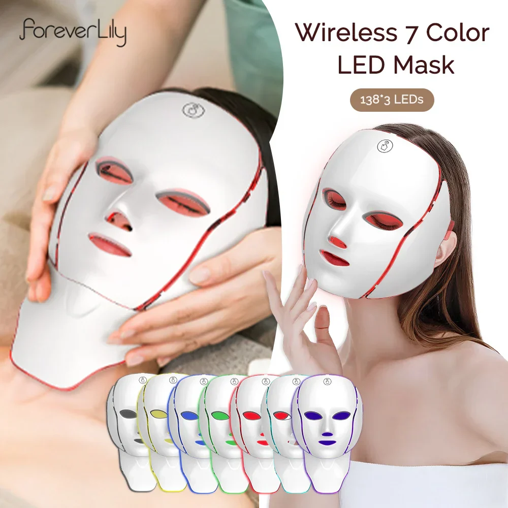 LED Face Mask 7-Color Wireless Photon Therapy Facial Neck Mask Winter 2025 Anti Aging Skin Tightening