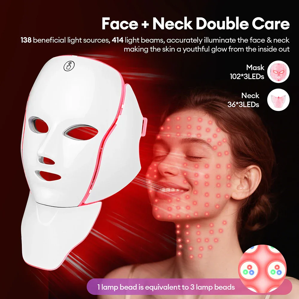 LED Face Mask 7-Color Wireless Photon Therapy Facial Neck Mask Winter 2025 Anti Aging Skin Tightening - Image 3