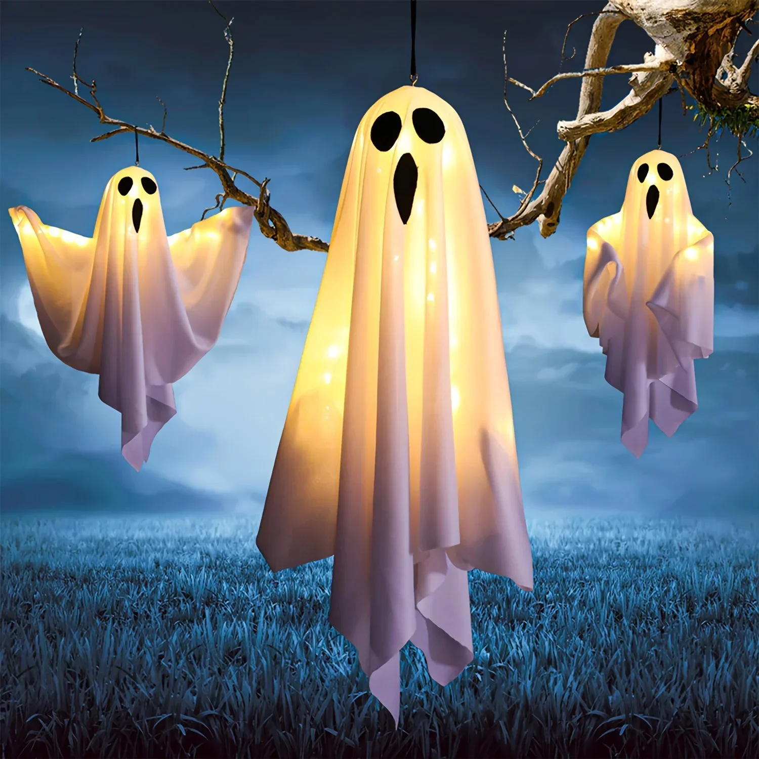 LED Halloween Ghosts 3 Piece 20 Inch Hanging Outdoor Decor Fall 2025 Warm Glowing Battery Powered Yard Display - Image 6
