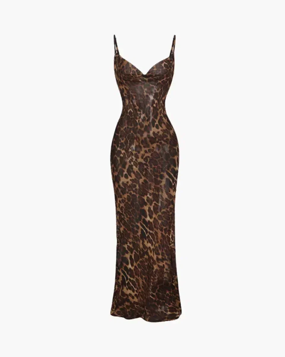 Leopard Print Maxi Dress for Women with Adjustable Belt and Sheer Mesh Fabric, Long Bodycon Silhouette - Image 6