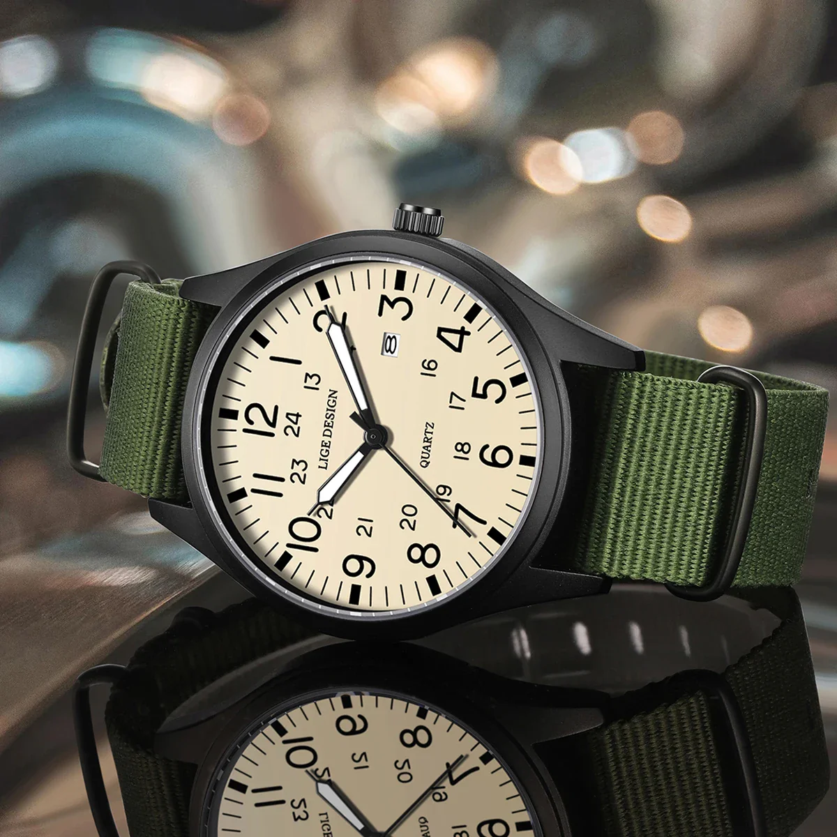 Quartz Watch Beige Dial Nylon Strap Waterproof Luminous