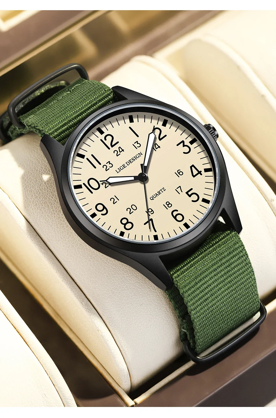 Quartz Watch Beige Dial Nylon Strap Waterproof Luminous - Image 5