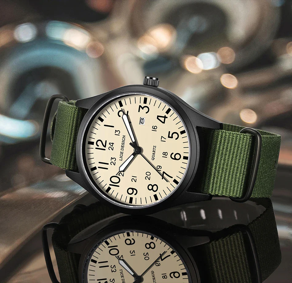 Quartz Watch Beige Dial Nylon Strap Waterproof Luminous - Image 6