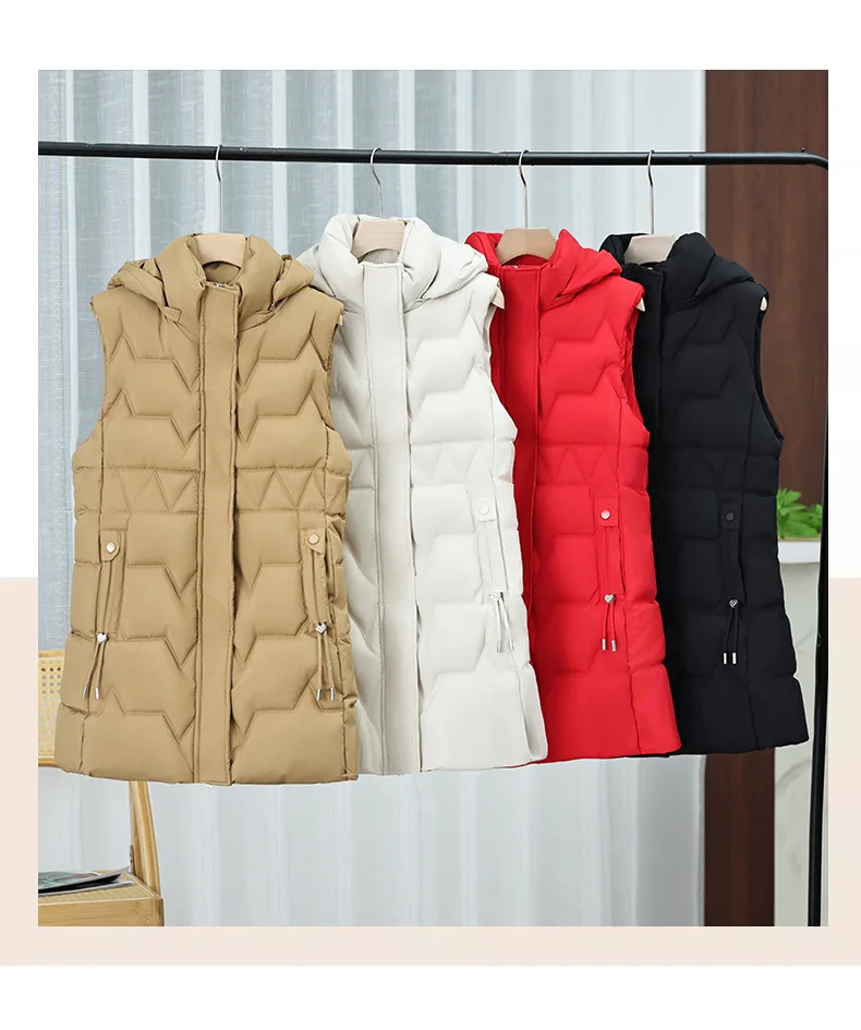Lightweight Cozy Women Long Puffer Vest - Hooded Down - Image 3