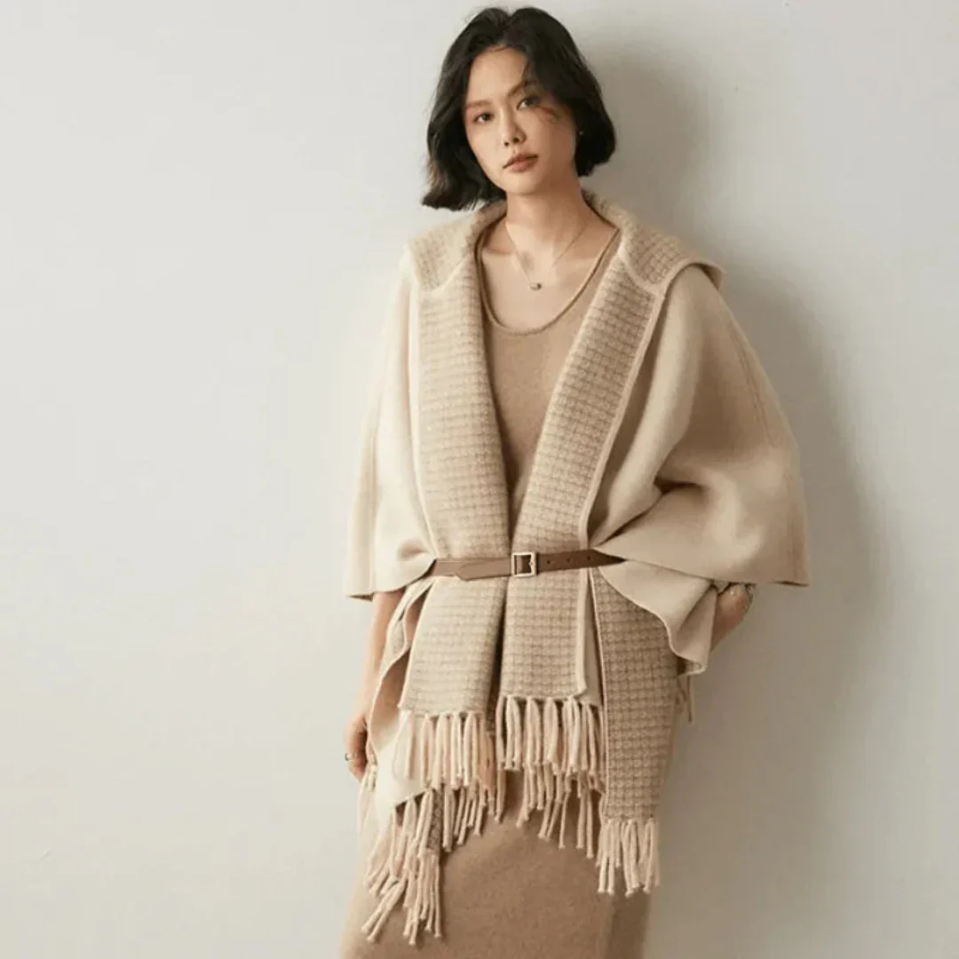 Lightweight Cozy Women's Poncho - Hooded Draped, Cashmere - Image 4