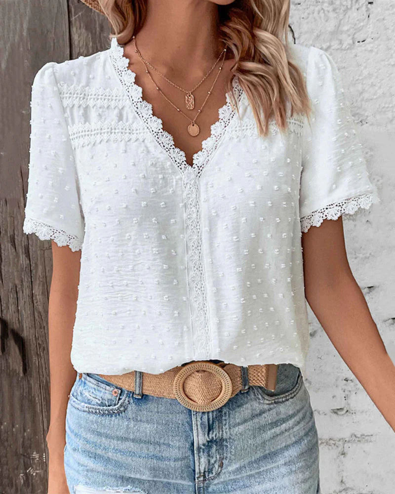 Lightweight & flattering women’s blouse – V-neck with lace accents, cotton blend, for everyday wear